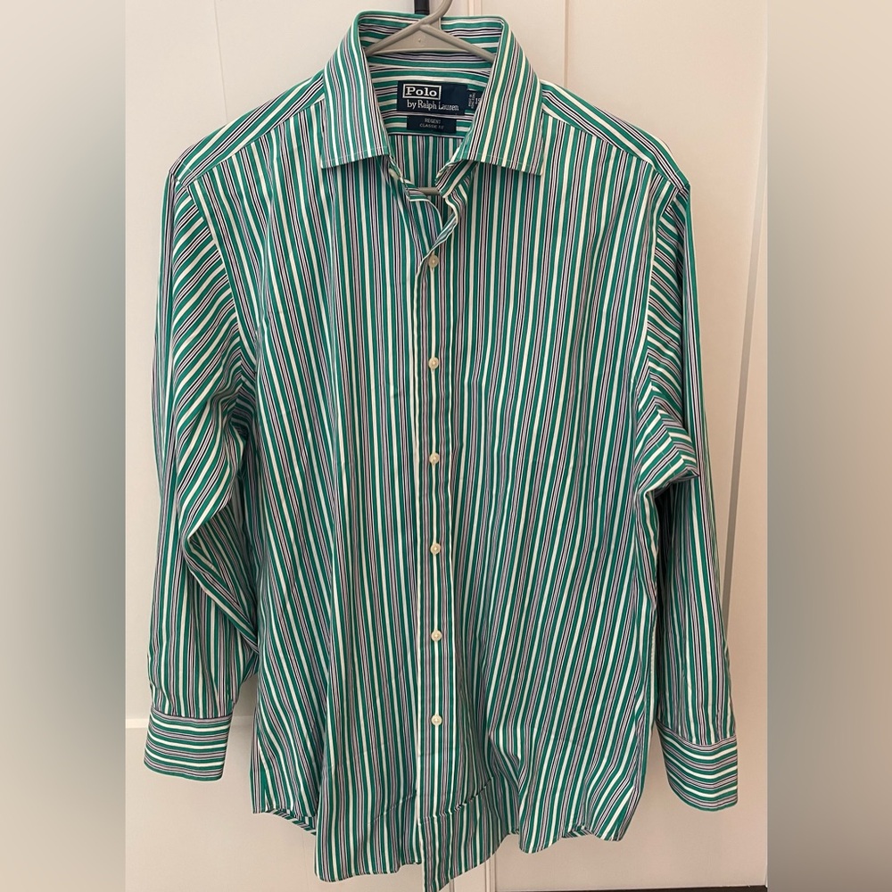 Polo Ralph Lauren Shirt 15.5 M Regent Classic Fit Striped Green button up preppy - Picture 3 of 7